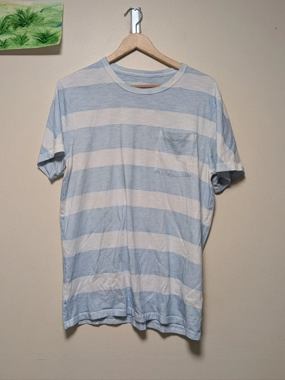 J.Crew Garment Dyed Men's M Blue White Striped Pocket T-Shirt 100% Cotton